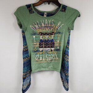 Beautees Girls Green Owl Print Knitted V Open Back Shirt Shrt Slv Sz Medium